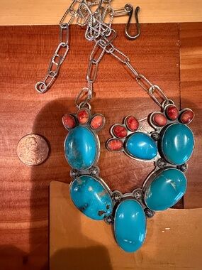 24” Signed Cactus Turquoise and Coral Statement Necklace - Women's Jewelry